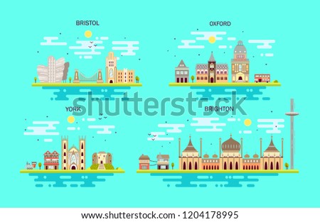 Business city in England. Detailed architecture of Bristol, York, Oxford, Brighton. Trendy vector illustration, flat art style.