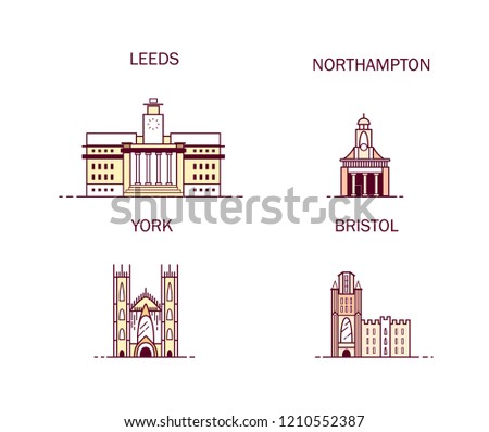 Business city in England. Detailed architecture of Leeds, Northampton, York, Bristol. Trendy vector illustration, line art style.