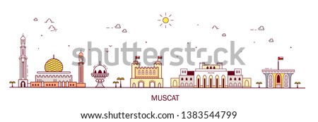 Detailed architecture of Muscat, . Business city in Oman. Trendy vector illustration, line art style. Illustration with main tourist attraction.