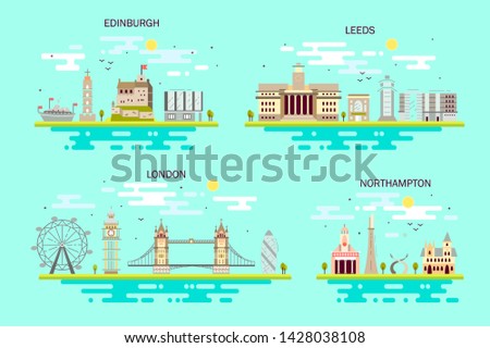 Business city in England. Detailed architecture of London, Leeds, Edinburgh, Northampton. Trendy vector illustration, flat art style. Blue background
