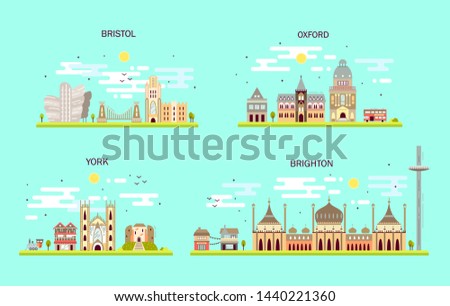 Business city in England. Detailed architecture of Bristol, Oxford, York, Brighton. Trendy illustration, flat art style.