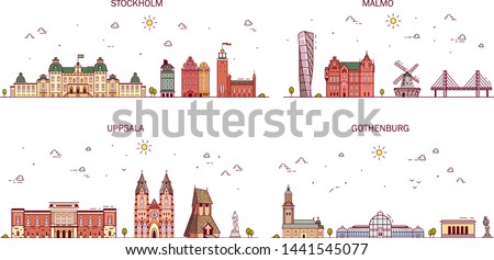 Business city in Sweden. Detailed architecture of Stockholm, Malmo, Gothenburg, Uppsala. Trendy illustration, line art style.