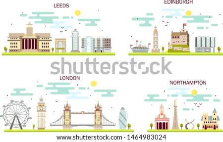 Business city in England. Detailed architecture of London, Leeds, Edinburgh, Northampton. Trendy vector illustration, flat art style. 
