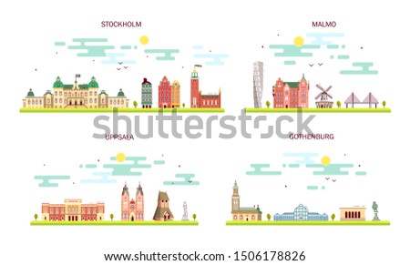 Business city in Sweden. Detailed architecture of Stockholm, Malmo, Gothenburg, Uppsala. Trendy illustration, line art flat style.