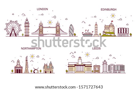 Business city in England. Detailed architecture of London, Edinburgh, Leeds, Northampton. Trendy vector illustration, line art style.

