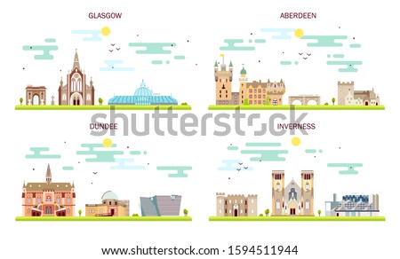 Detailed architecture of Glasgow, Aberdeen, Dundee, Inverness. Business cities in Scotland. Trendy vector illustration, line art style.Illustration with main tourist attractions, flat art 