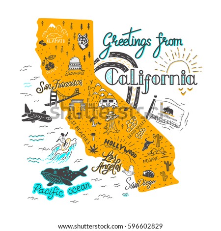 Hand drawn illustration of California map with tourist attractions. Travel  concept.