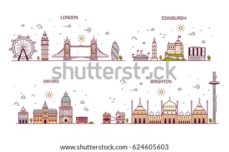 Business city in England. Detailed architecture of London, Edinburgh, Oxford, Brighton. Trendy vector illustration, line art style.
