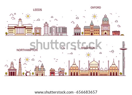 Business city in England. Detailed architecture of Leeds, Northampton, Brighton, Oxford. Trendy vector illustration, line art style.