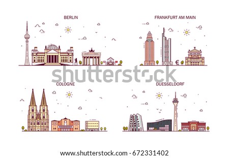 Business city in Germany. Detailed architecture of Berlin, Frankfurt am Main, Cologne, Dusseldorf. Trendy vector illustration, line art style.