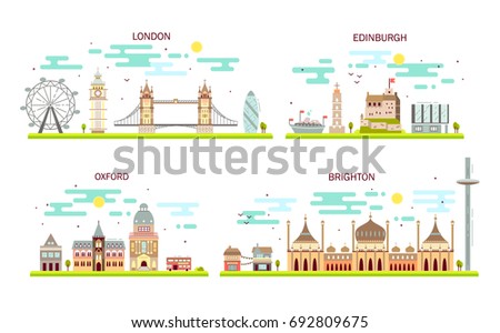 Business city in England. Detailed architecture of London, Edinburgh, Oxford, Brighton. Trendy vector illustration, flat art style.