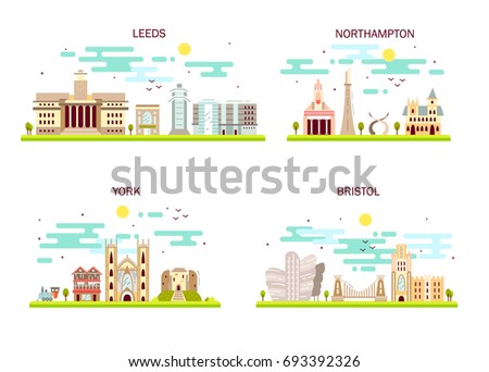 Business city in England. Detailed architecture of Leeds, Northampton, York, Bristol. Trendy vector illustration, flat art style.