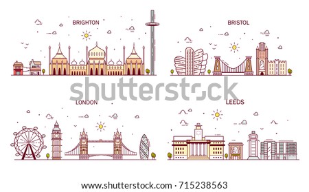 Business city in England. Detailed architecture of London, Leeds, Bristol, Brighton. Trendy vector illustration, line art style.