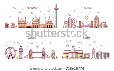Business city in England. Detailed architecture of London, Leeds, Brighton, Bristol. Trendy vector illustration, line art style
