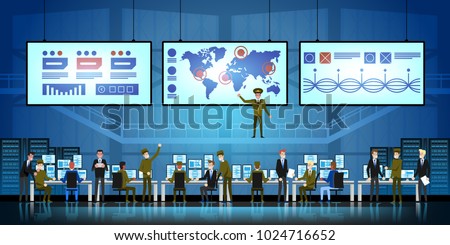 Government Surveillance Agency and Military Joint Operation. People and the military Working at System Control Center.