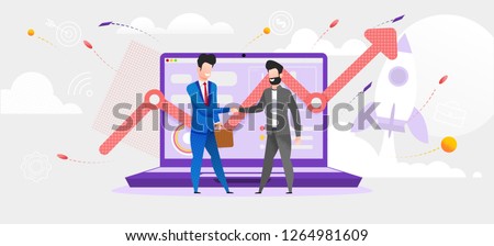 Illustration Man Made Deal with Financial Broker. Vector Screen Laptop Monitor Incremental Profit Growth. Increase Dividend. Online Job Trading Market. Purchase Shares Company. Rocket Taking off