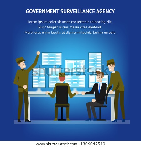 Government Surveillance Agency. Sequrity Room Desk. Cybersecurity Monitoring Technical Equipment. Military People near Operation Panel with Technical Professional. Tracking Analysis.