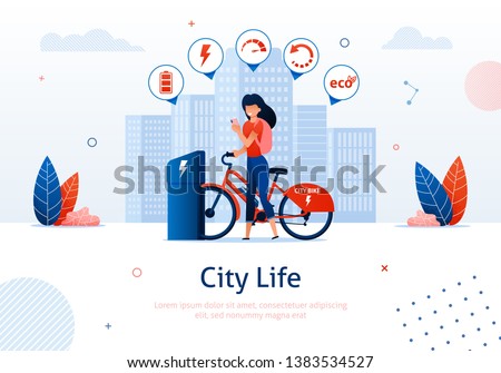 Young Girl Standing near Electric Bicycle Charging At Station Banner. Hybrid Transport Flat Vector Illustration. Modern Bike Fulling Battery with Wall Outlet Plug Wire. EV Station.