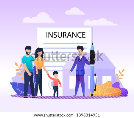 Real Estate, House, Property Insurance Services Flat Advertising Banner. Cartoon Family with Child and Agent Meeting for Making Deal and Filling Questionary. Vector Home Protection Illustration