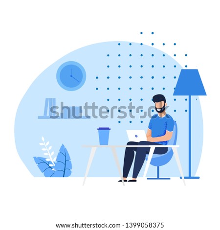 Smiling Bearded Caucasian Man Character Having Coffee Beak at Comfortable Coworking Office. Flat Freelancer Watching Funny Video, Chatting Social Media, Typing Message on Laptop. Vector Illustration