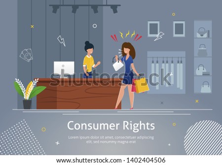 Consumer Rights Banner Vector Illustration. Angry Customer Holding Shopping Bags and Shouting at Shop Assistant at Register. Store Interior with Clothing on Hangers and Bags on Shelves.