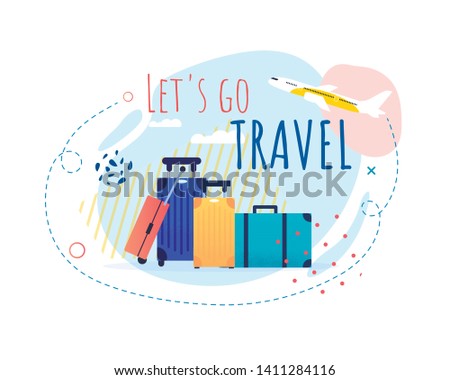 Promotional Banner with Cartoon Tourists Bags and Airplane Taking Off. Lets Go Travel Motivational Title. Tourism and Summer Vacation. Vector Illustration in Flat Design. Trip around World