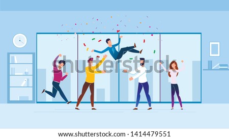 Greetings from Employees Vector Illustration. Stormy Expression Joy at Work. Men throw Colleague up and throw Candy. Celebrating Events at Work with Friends. Horizontal Cartoon Flat.