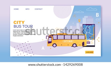 City Bus Tour Flat Cartoon Banner Vector Illustration. Bus Vehicle with Map Application on Mobile Phone. Puplic Transport Route. Urban and Countryside Traffic. Comfortable Moving Website Design.