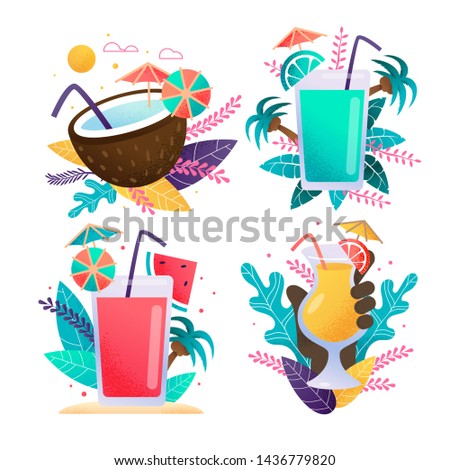 Exotic Drinks Advertising Cartoon Set in Tropical Style. Alcoholic Drinks, Fresh Juice, Cold Coconut Cocktail. Straw, Fruit Slice, Umbrella Decor. Tropical Vector Flat Illustration with Plant Leaves