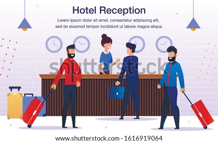 Hotel Reception Service Trendy Flat Vector Advertising Banner, Promo Poster Template. Female Receptionist at Counter Desk Welcoming and Registering Guests, Communicating with Clients Illustration