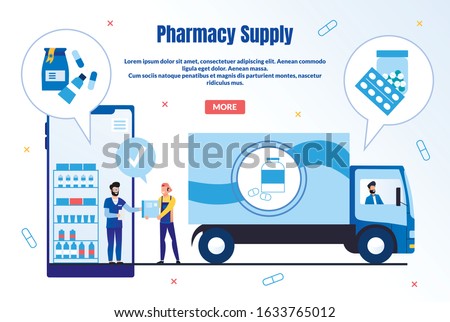 Pharmacy Supply Trendy Flat Vector Web Banner, Landing Page Template. Pharmaceutical Company Supplier or Deliveryman Shipping Products to Drugstore, Pharmacist Ordering Goods Online Illustration