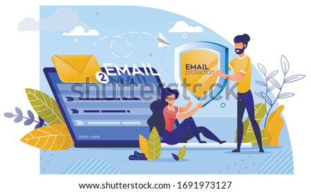 Email Protection by Innovative Digital Technology. Man Giving Shield to Woman Sitting on Huge Laptop with Two Incoming Mail Envelop. Online Safety, Secure Communication, Privacy. Vector Illustration