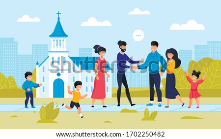 Two Family Friend Meeting at City Church Building. Parent with Children Outside. Religion Architecture Design. Friendship Support at Famous temple landmark. People Conversation. Vector Illustration