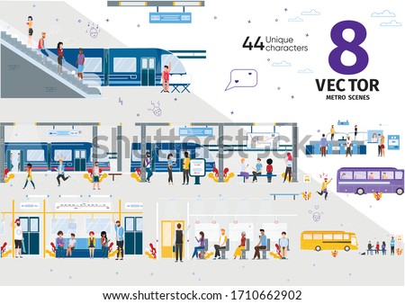 City Public Transport, Subway Passengers Transportation Trendy Flat Vector Scenes Set. Metro Passengers, People Waiting Train on Metropolitan Underground Station, Citizens Going with Bus Illustrations