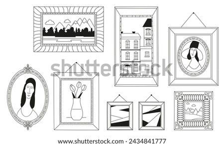 Set of decorative frames of various shapes with paintings - portrait, landscape, still life. Black and white retro design, line style, hand drawn vector illustration