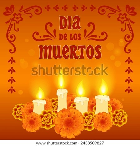 
Day of the dead poster. Vector illustration of Dia de los muertos card with burning candles flowers marigold on orange background