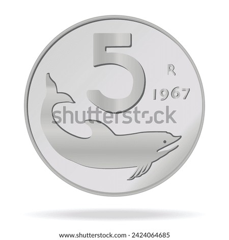 5 Lire of Italy in front. Vector illustration on a white background is made in 3D style
