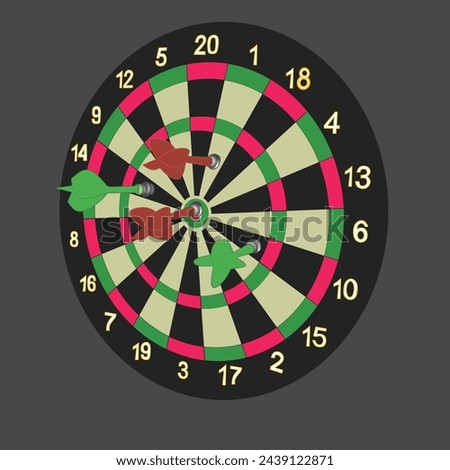 Four pins stuck in a Dartboard hanging on a gray background.Vector illustration.