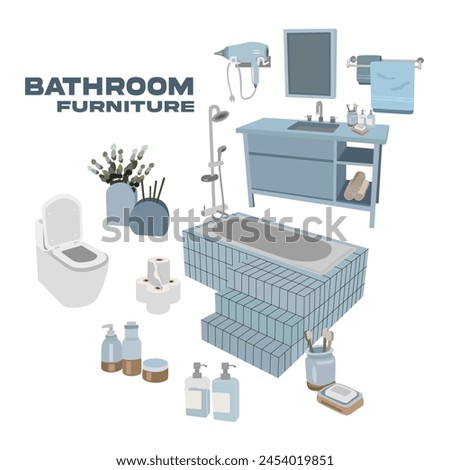 Bathroom furniture vector set. Bathroom cartoon blue elements, vector toilet, bathtub, sink and other bathroom cosmetic items. Flat bathroom interior