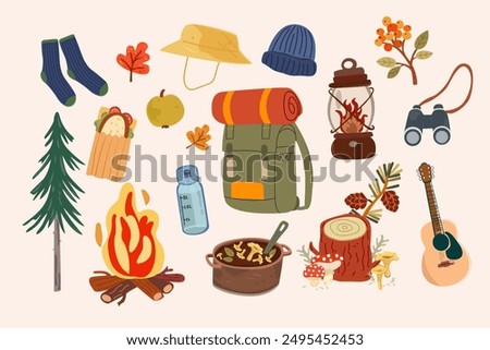 Hello Autumn. Set of elements for camping. Camping Kit Vector. Countryside and nature vacation, tourism. Hiking, holiday trip, picnic, survival in wild, local travel, trekking concept.