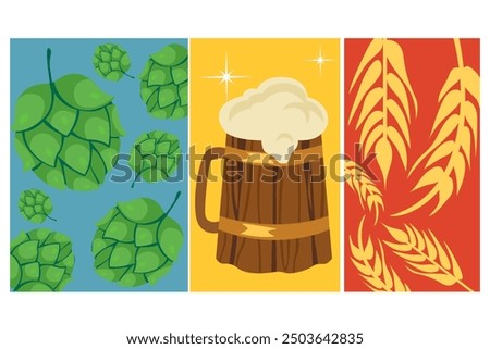 Vector flat beer festival poster. Wooden mug with beer, hops, wheat, street food and snacks. Trendy art for pub, bar, holiday party advertising