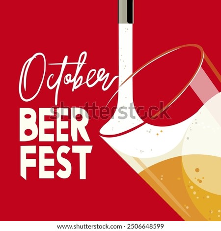 Oktoberfest festival. Retro beer vector poster on a red background. Beer advertisement design. A glass of cold beer. Beer is poured from a barrel