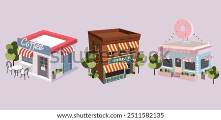 Retro 3D store facades. Commercial building vector set. Barber shop store facade, cute coffee shop and pink donuts shop