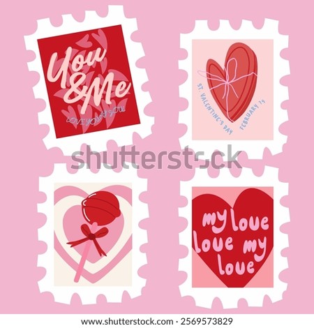 Happy Valentines Day greeting card. 14 February holiday. Cute love sale flyer template, poster, cover, banner design. Love letter, envelope. Set of love postage stamps