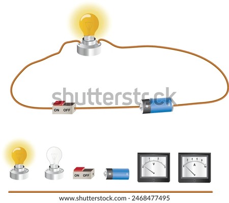 simple electric circuit - lightbulb, switch, battery, wire, ampermeter, voltmeter