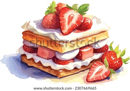 Watercolor Strawberry shortcake , Vector, illustration