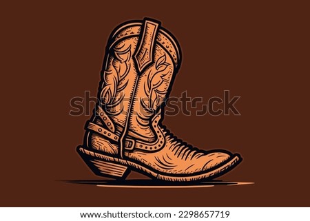 Doodle inspired Cowboy boot, cartoon sticker, sketch, vector, Illustration