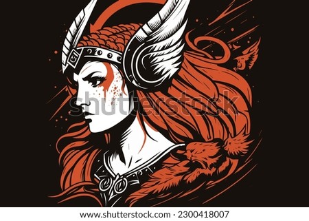 Doodle inspired Valkyrie, cartoon sticker, sketch, vector, Illustration