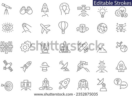 set of line icons of spacecraft with editable strokes. The icons depict various spacecraft, planets, satellites, telescopes, and other space-related objects. perfect for space mission related project