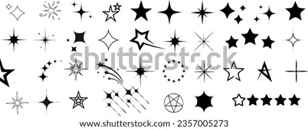 Star Vector Illustration: A captivating black and white vector illustration featuring a diverse collection of stars and star-like shapes,showcases solid, outlined, and dotted stars